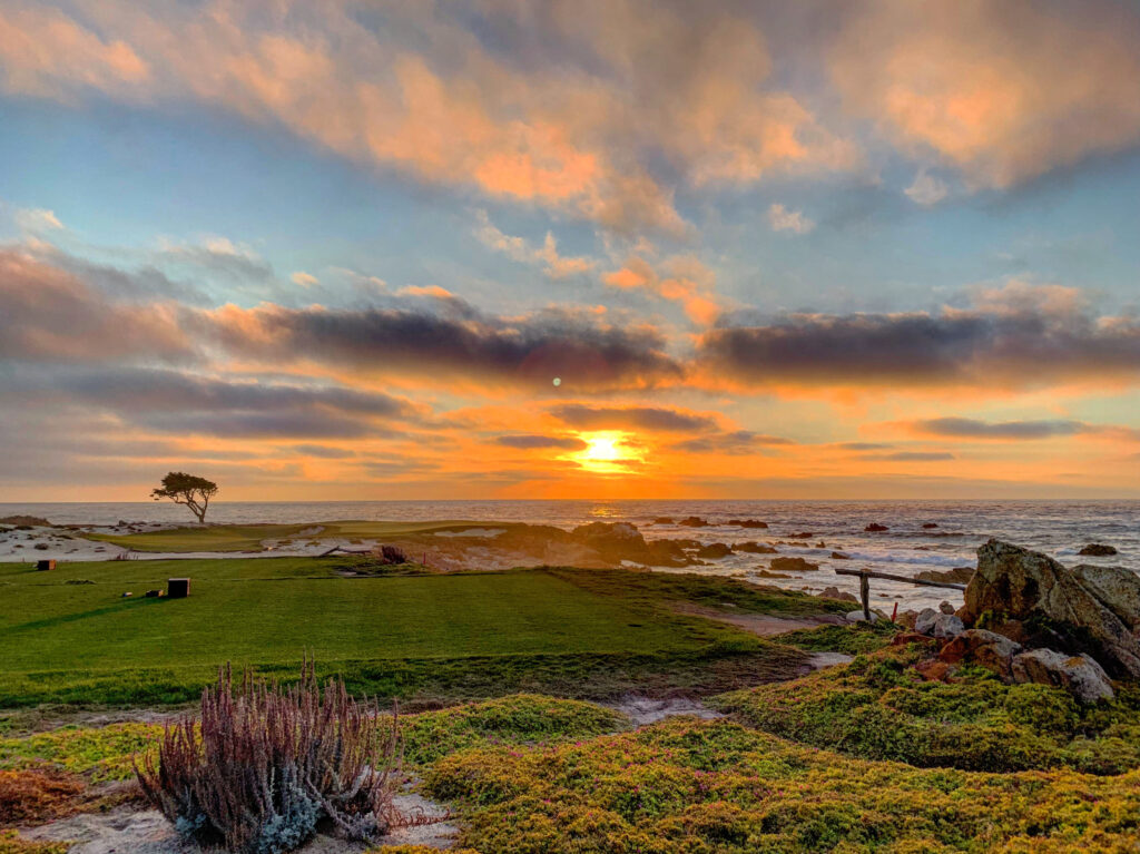 Sunset at pebble beach looking over the ocean